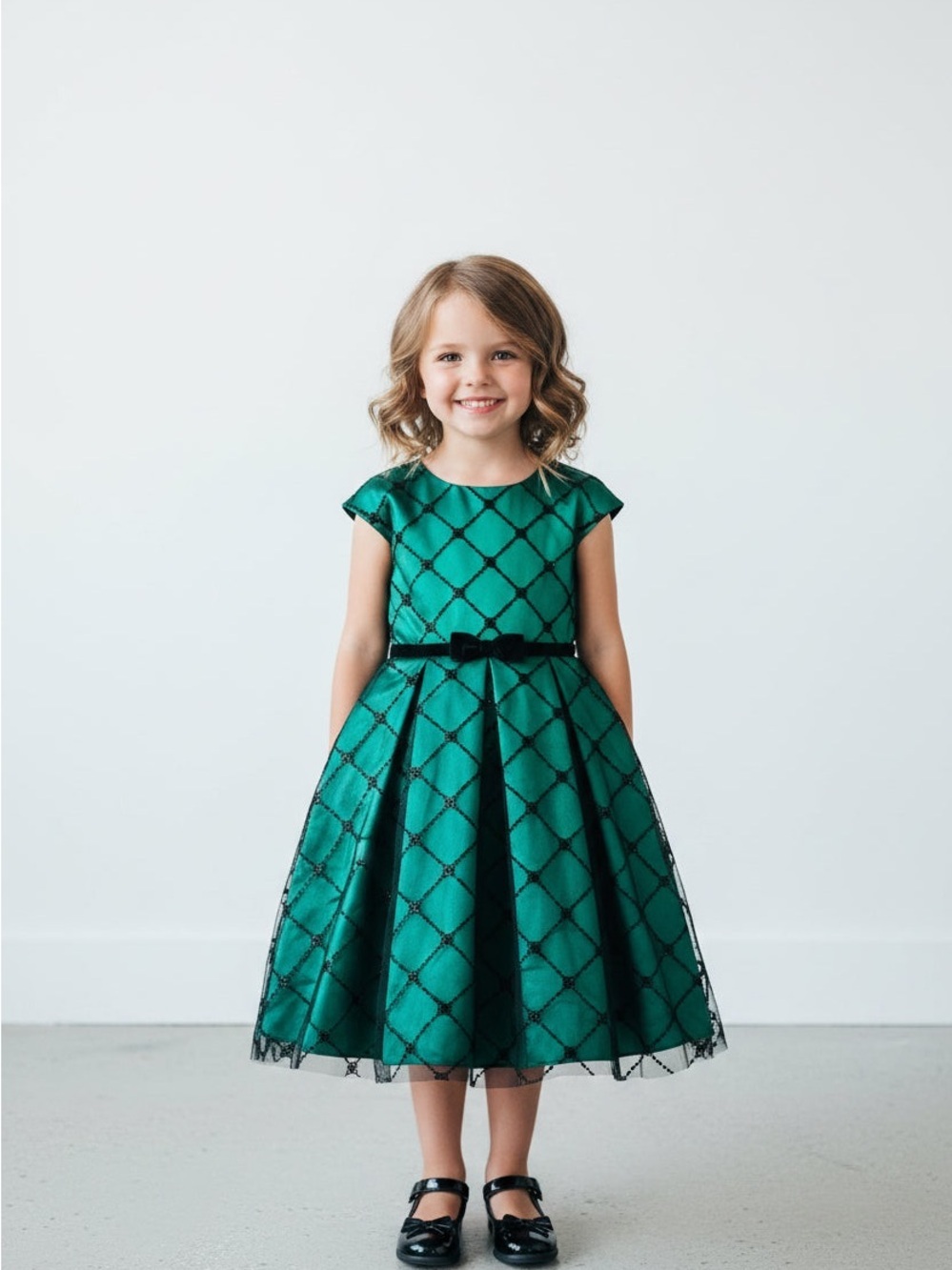 Jona Michelle Emerald Green Lattice Party Dress with Velvet Bow